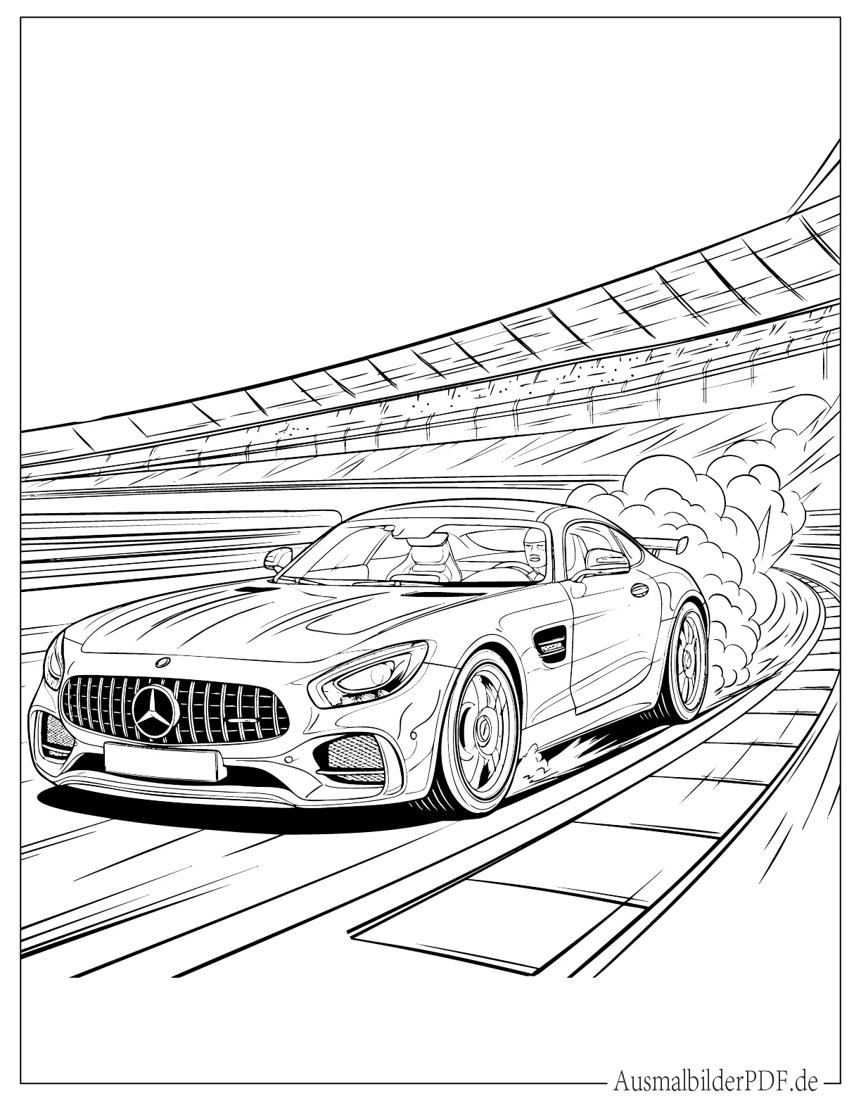Mercedes Rennwagen driftet auf Strecke zum Ausmalen