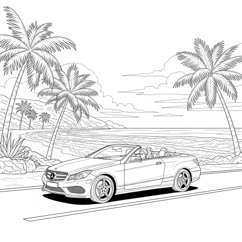 Ausmalbild vom Mercedes-Benz E-Klasse Cabriolet auf einer Küstenstraße, perfekt zum kostenlosen Ausdrucken und Ausmalen für Kinder.