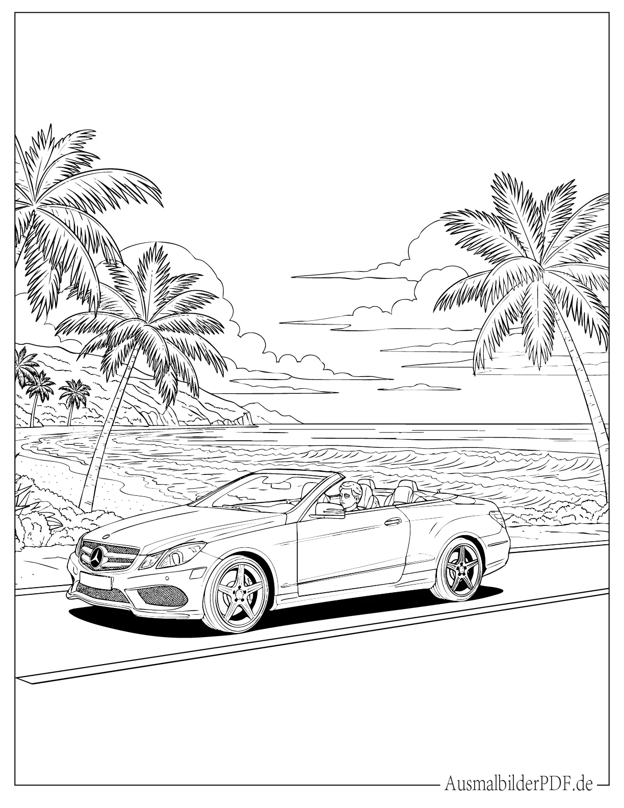Mercedes-Benz E-Klasse Cabriolet auf Küstenstraße Malbild