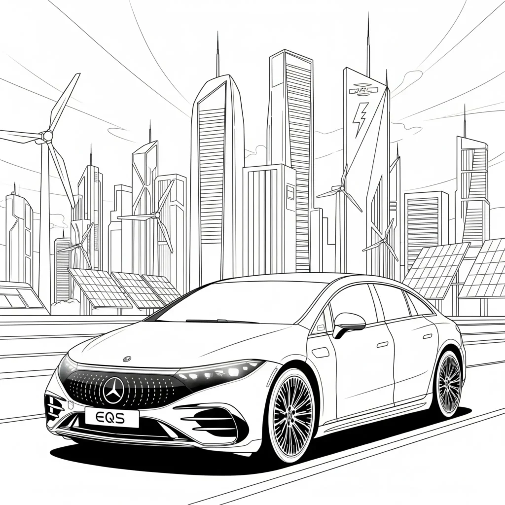 Ausmalbild vom Mercedes-Benz EQS Elektroauto in einer futuristischen Umgebung, ideal zum Ausdrucken und Ausmalen für Kinder