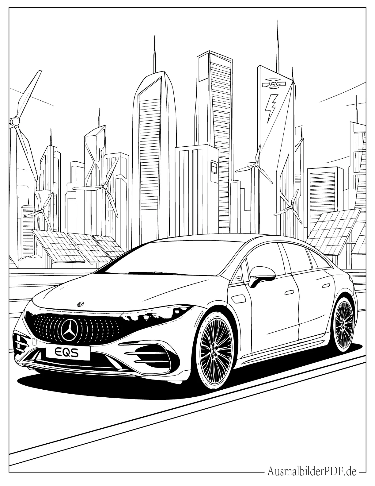 Mercedes EQS Elektroauto in der Stadt Ausmalvorlage