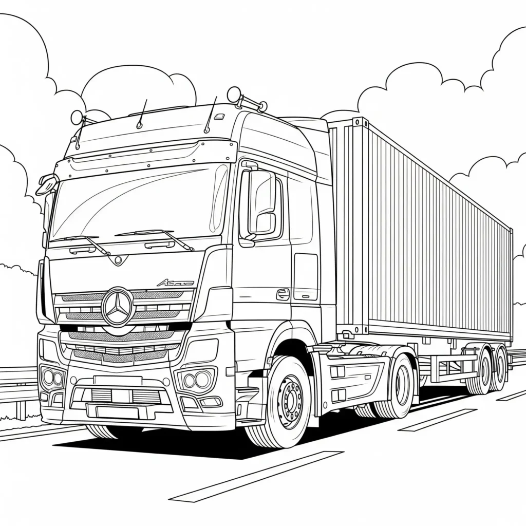 Ausmalbild von einem Mercedes-Benz Lastwagen, der auf der Straße eine große Ladung transportiert – perfekt für Kinder zum Ausdrucken und Ausmalen.