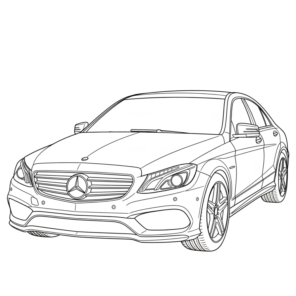 Ein Mercedes Sportwagen als Ausmalbild für Kinder mit klaren Linien zum Ausdrucken und Ausmalen im PDF-Format.