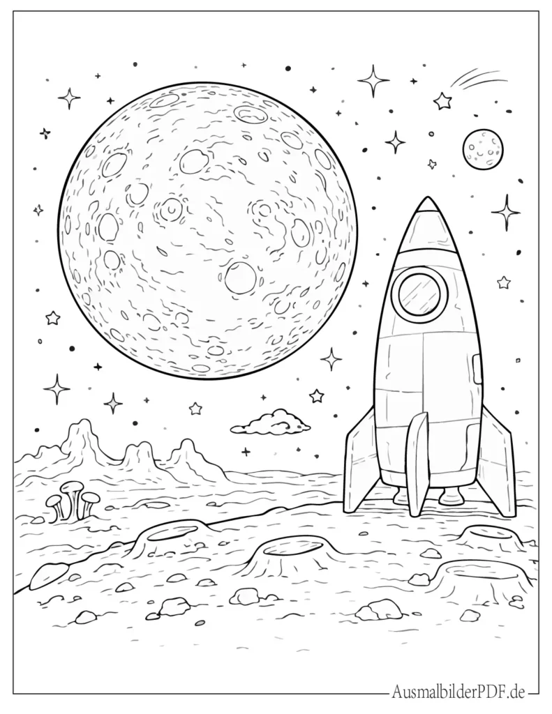 Ausmalbild vom Planeten Merkur mit Raumschiff, perfekt für Kinder und Weltraumfans zum Ausmalen
