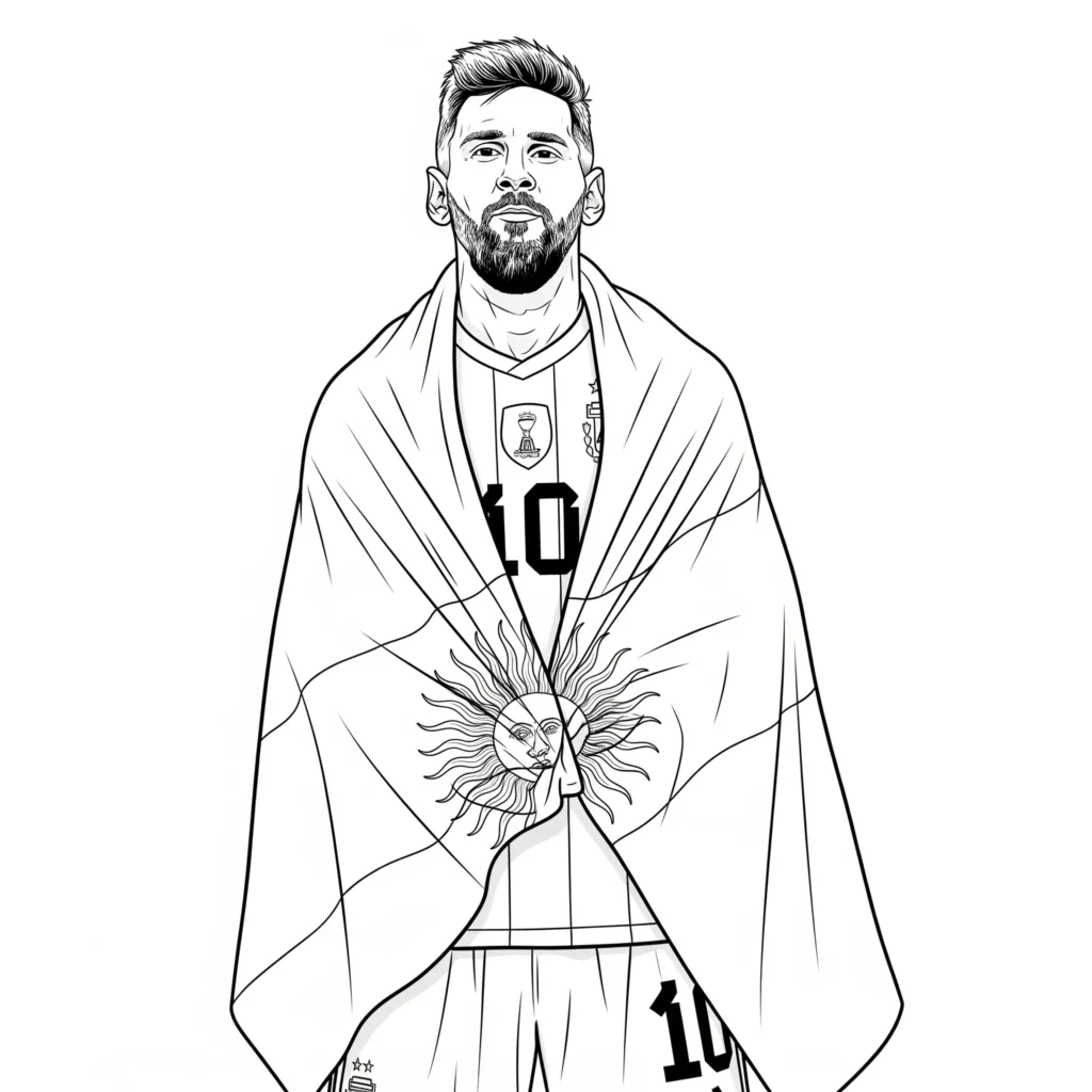 Messi Ausmalbild zeigt ihn mit der Argentinien Flagge in der Hand, kostenlose Malvorlage zum Ausdrucken und Ausmalen für Kinder und Fußballfans