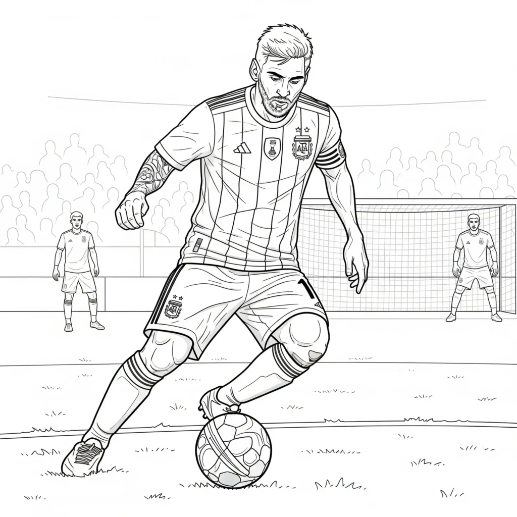 Messi Fußball Ausmalbild zeigt Messi im Argentinien Trikot, kostenlose Malvorlage zum Ausdrucken und Ausmalen für Kinder und Fußballfans