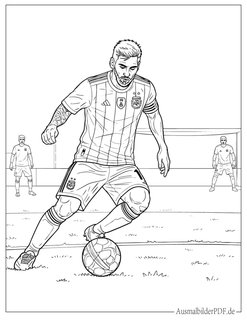 Ausmalbild von Messi im Argentinien Trikot in sportlicher Pose, ideal für Kinder zum kreativen Ausmalen und Fußballspaß