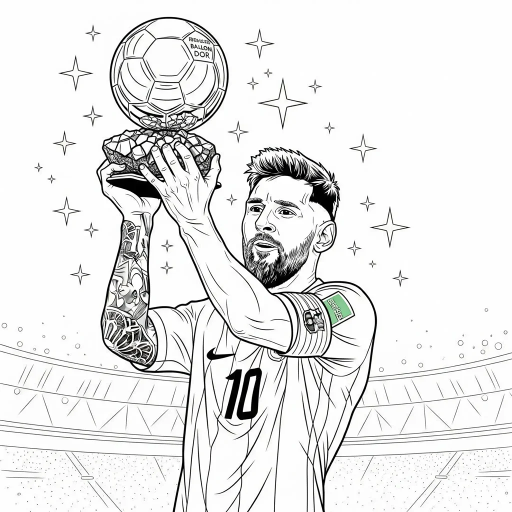 Ausmalbild zeigt Messi mit dem Ballon d’Or, kostenlose Malvorlage zum Ausdrucken und Ausmalen für Kinder und Fußballfans