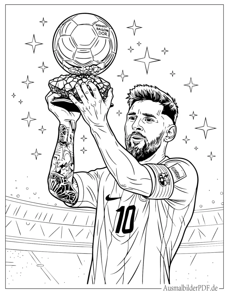 Messi hält stolz die Ballon d’Or Trophäe in einer feierlichen Szene, ideal für Kinder zum kreativen Ausmalen