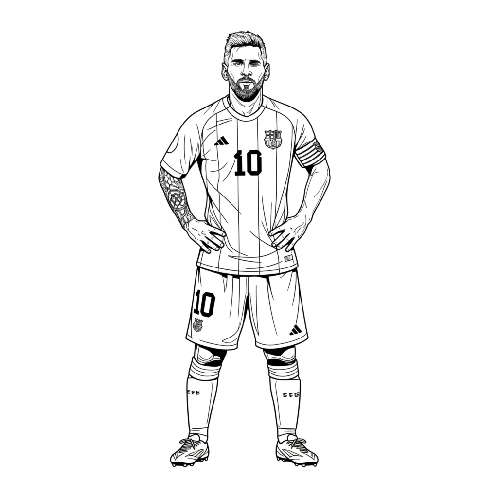 Lionel Messi Ausmalbild zeigt ihn in einer Heldenpose, kostenlose Malvorlage zum Ausdrucken und Ausmalen für Kinder