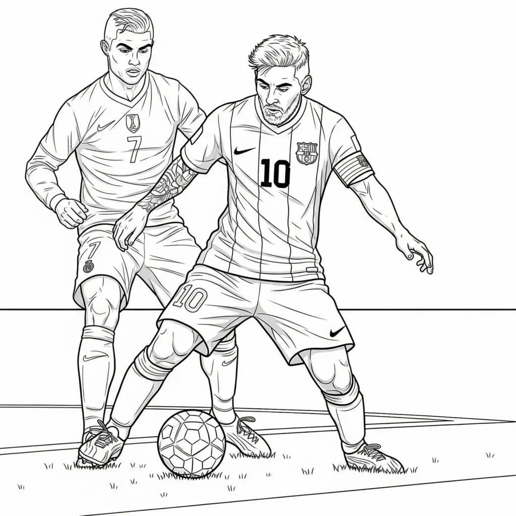 Malvorlage von Messi und Ronaldo zusammen, kostenlose Ausmalvorlage zum Ausdrucken und Ausmalen für Fußballfans und Kinder