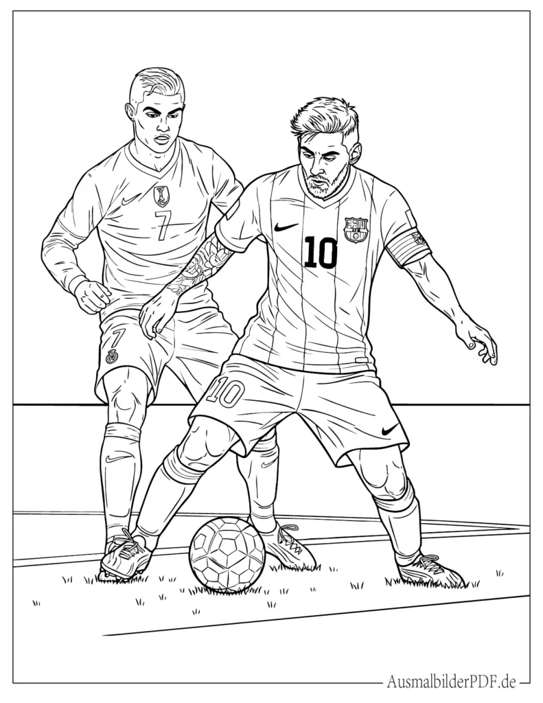 Malvorlage von Messi und Ronaldo zusammen, kostenlose Ausmalvorlage zum Ausdrucken und Ausmalen für Fußballfans und Kinder