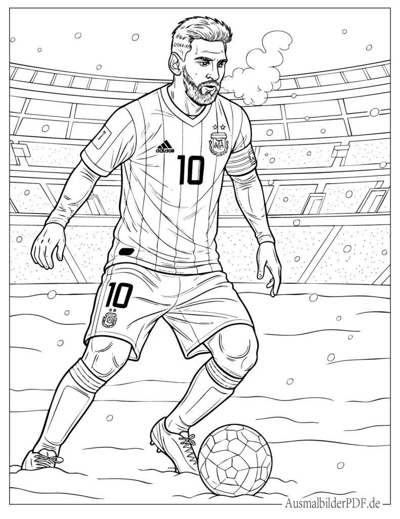 Messi spielt Fußball in einer verschneiten Winterlandschaft, einfache sportliche Szene zum kreativen Ausmalen für Kinder