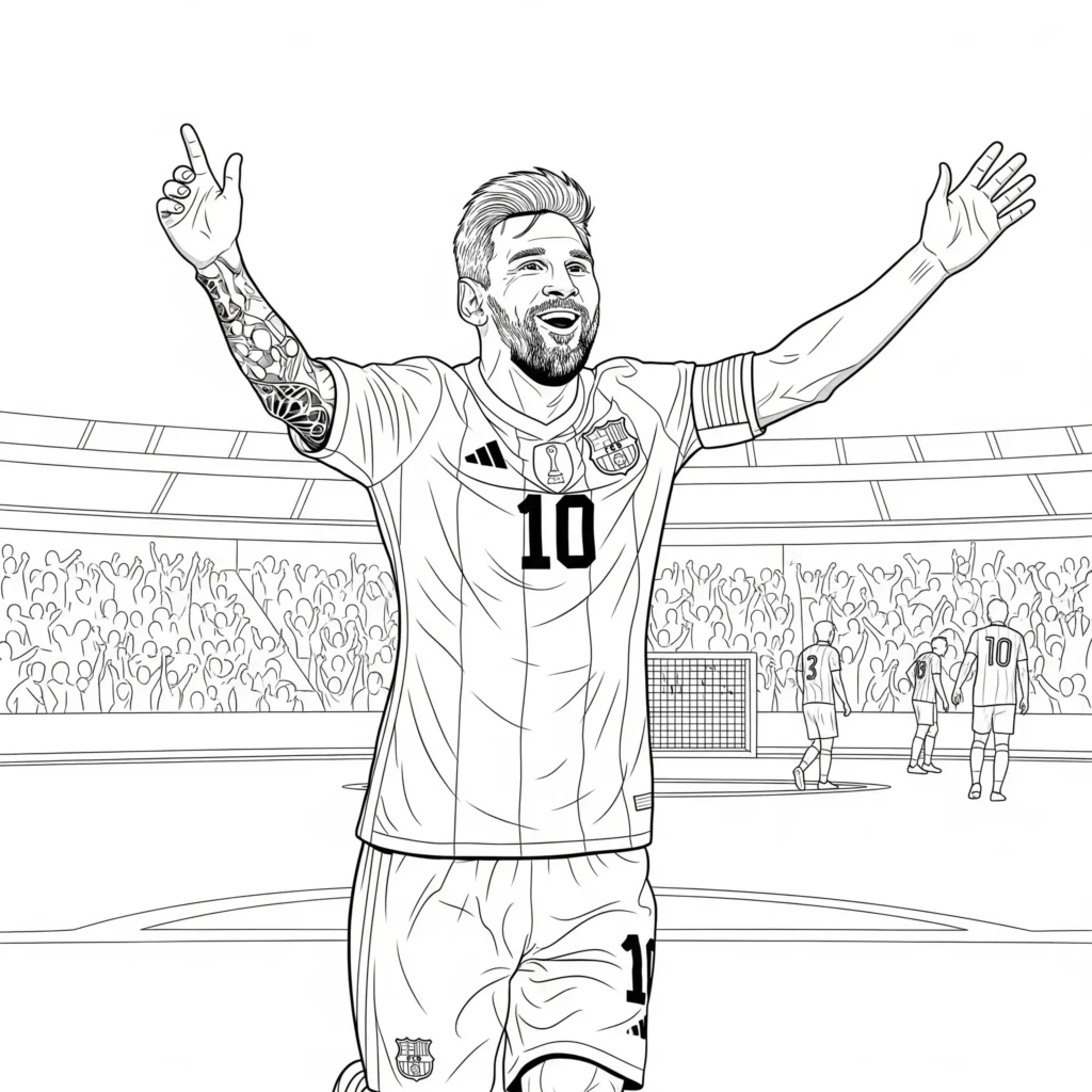 Messi Malvorlage zeigt Messi beim Torjubel, kostenlose Ausmalvorlage zum Ausdrucken für Kinder und Fußballfans