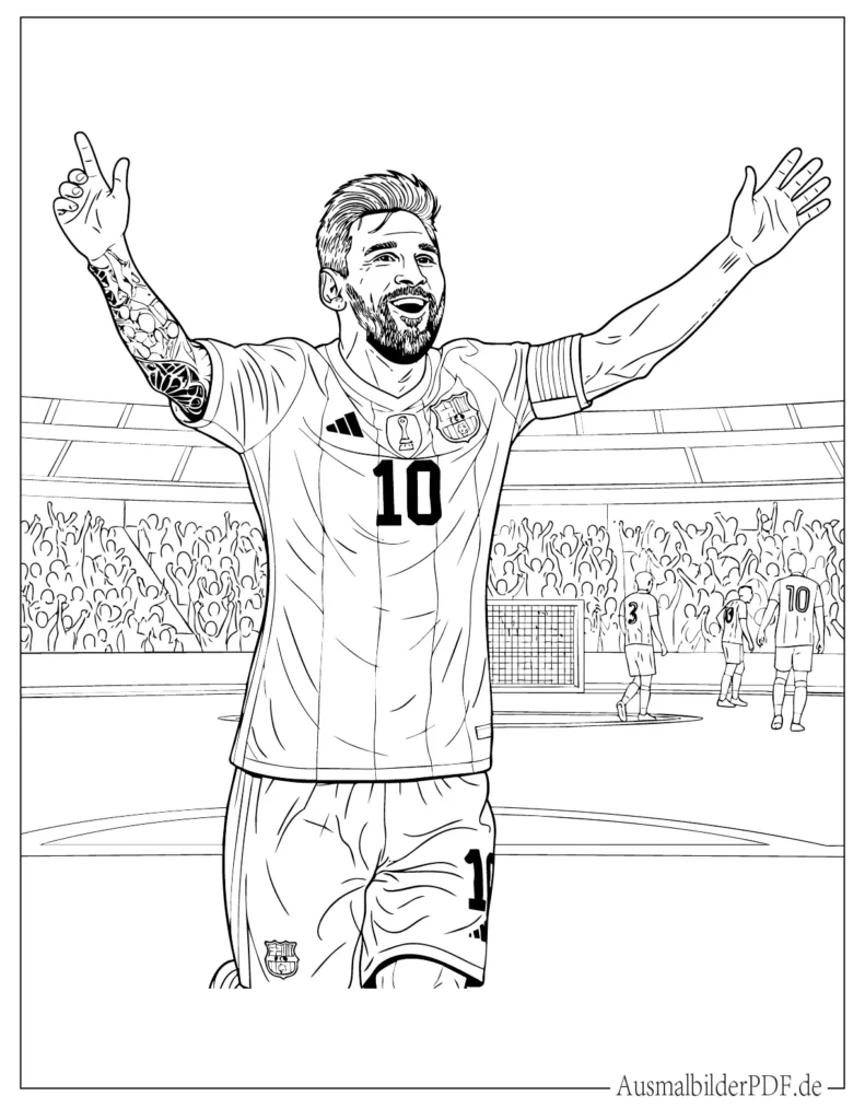 Ausmalbild von Messi beim Torjubel nach einem Treffer, dynamische Szene für Kinder zum Ausdrucken und kreativen Ausmalen, ideal für Fußballfans