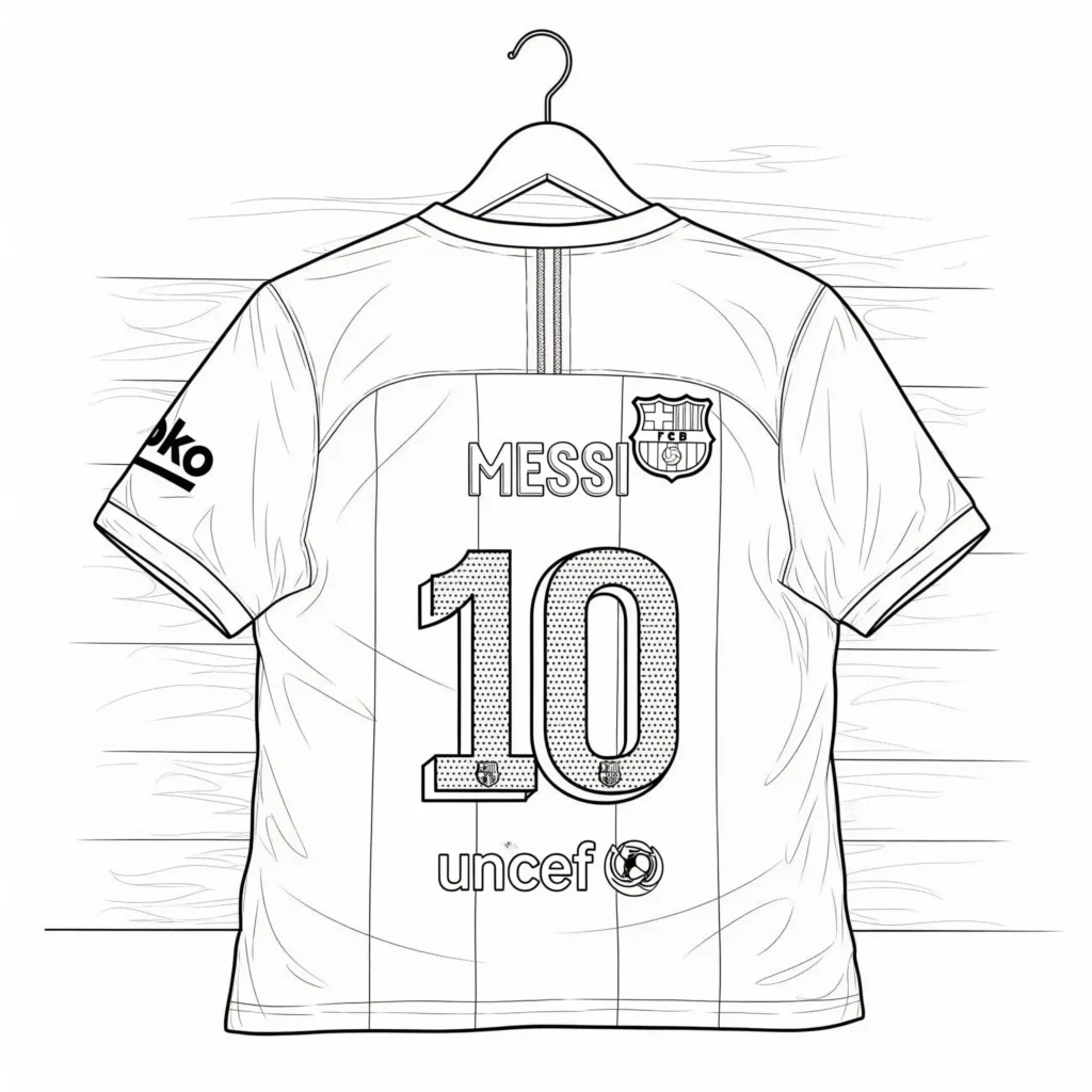 Messi Ausmalbild mit Trikot zum Ausdrucken und Ausmalen, kostenlose Malvorlage für Kinder und Fußballfans