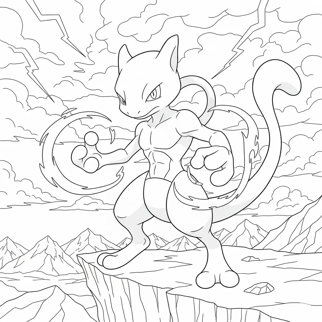 16 Mewtu Ausmalbilder (Gratis Pokémon Malvorlage zum drucken) Das Mewtu auf dem Berg Ausmalbild zeigt das Wesen in einer ruhigen, majestätischen Szene. Eine tolle Vorlage für Kinder, die Landschaften ausmalen möchten.