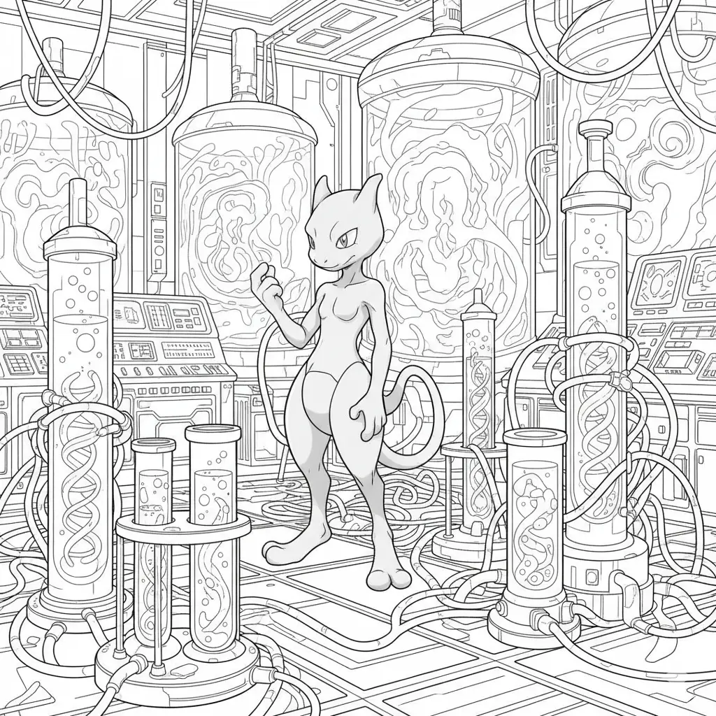 16 Mewtu Ausmalbilder (Gratis Pokémon Malvorlage zum drucken) Das Mewtu im Labor Ausmalbild zeigt das Wesen in einer geheimnisvollen Umgebung. Eine faszinierende Vorlage zum Ausdrucken und Ausmalen