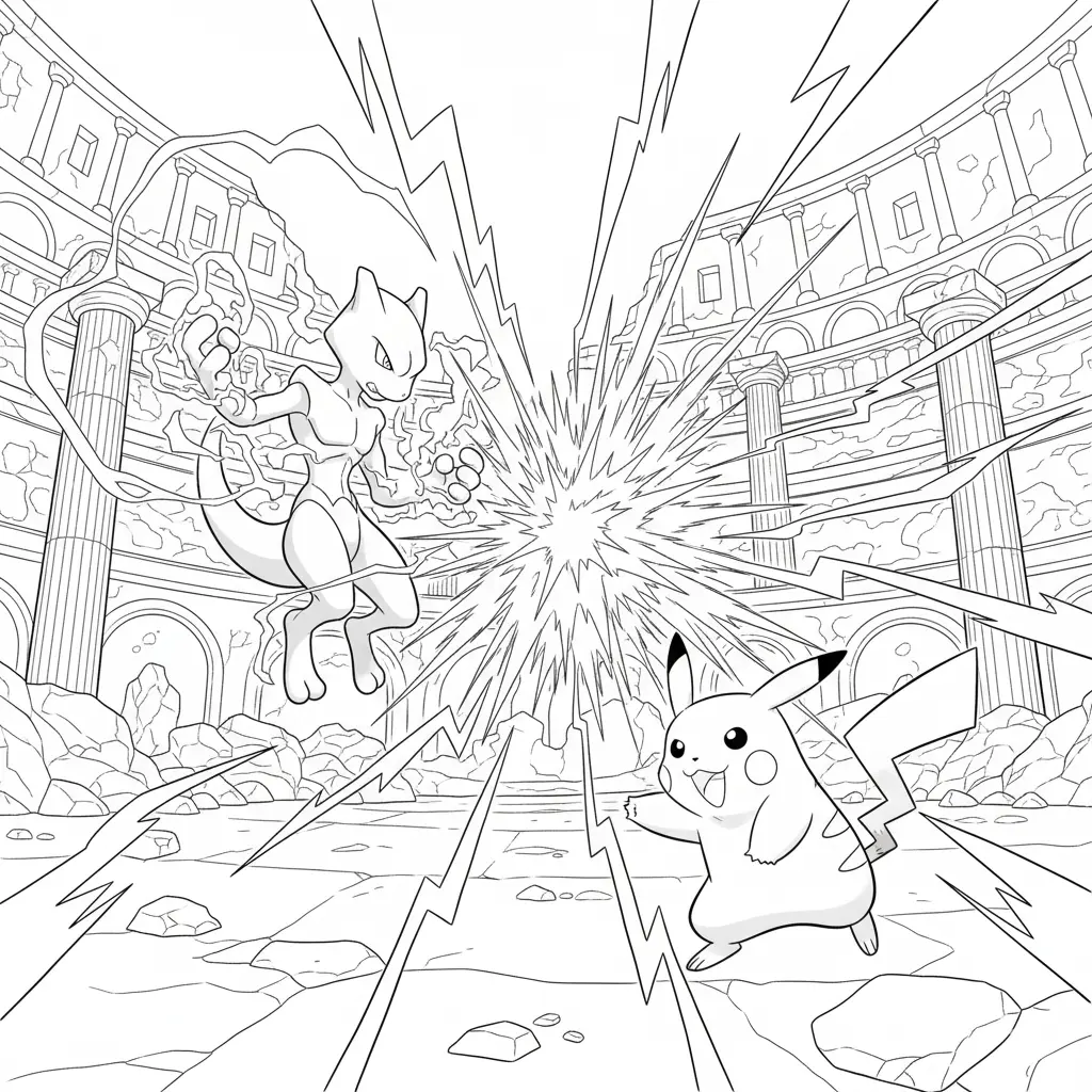 16 Mewtu Ausmalbilder (Gratis Pokémon Malvorlage zum drucken) Das Mewtu und Pikachu Ausmalbild zeigt ein spannendes Duell voller Energie. Eine großartige Vorlage für Kinder, die actionreiche Szenen lieben.