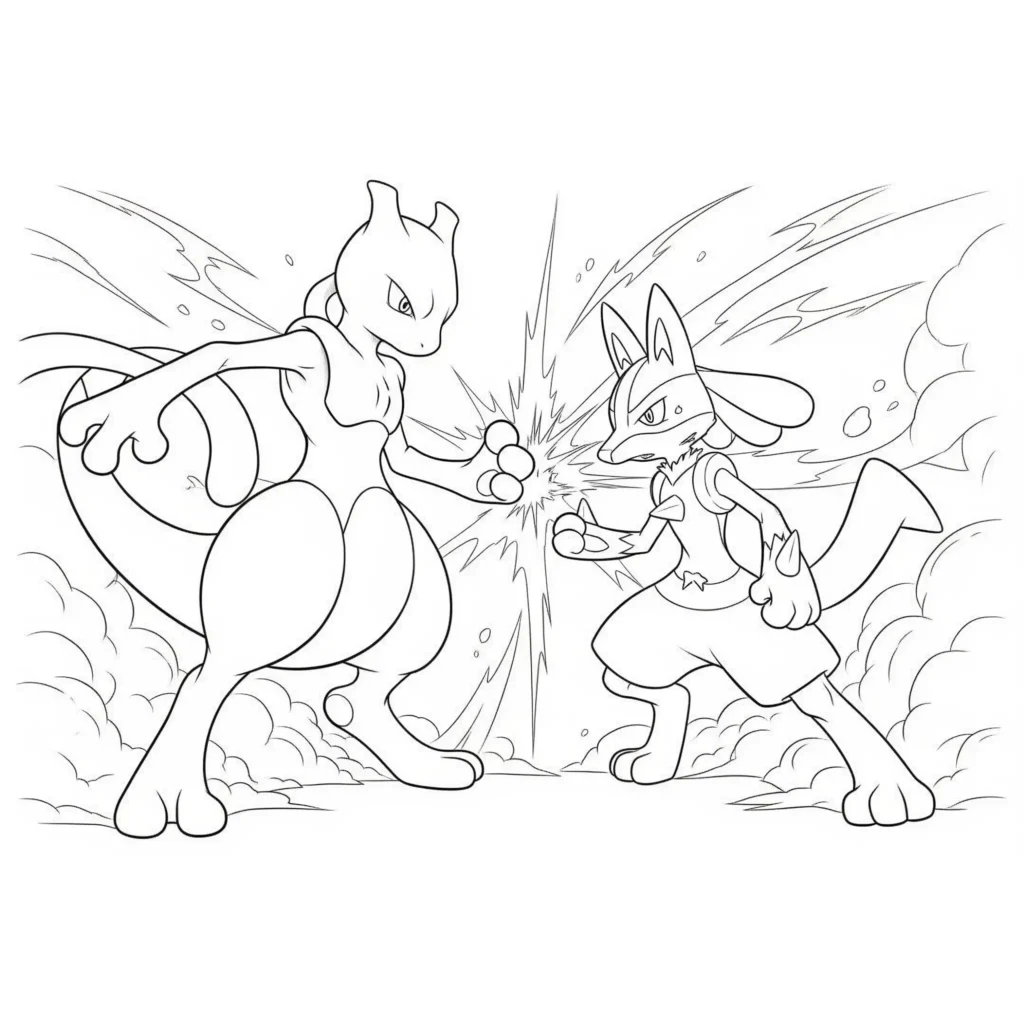 16 Mewtu Ausmalbilder (Gratis Pokémon Malvorlage zum drucken) Das Mewtu gegen Lucario Ausmalbild zeigt ein dynamisches Duell. Eine tolle Vorlage für Kinder, die actionreiche Szenen gestalten möchten.