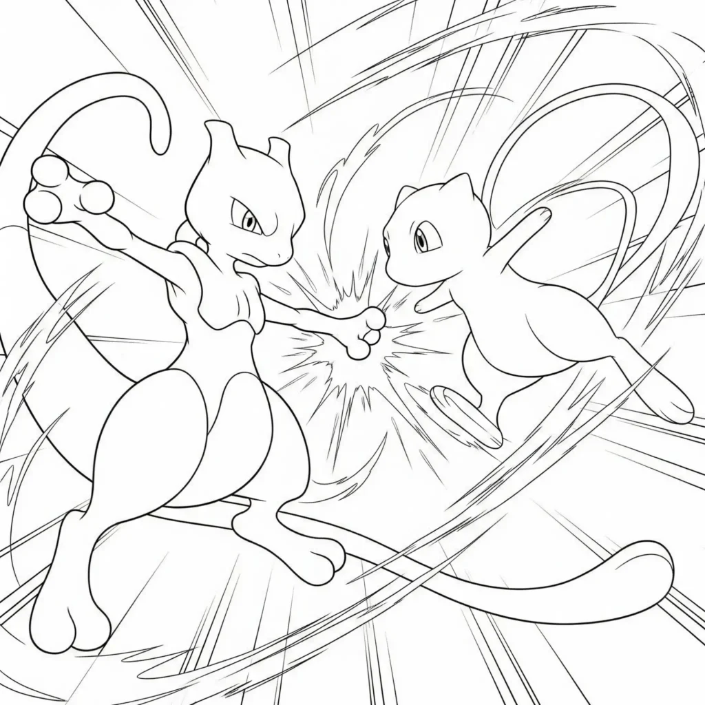 16 Mewtu Ausmalbilder (Gratis Pokémon Malvorlage zum drucken) Ein spannendes Ausmalmotiv mit Mewtu und Mew im epischen Duell. Perfekt für Pokémon-Fans, die ihre Lieblingscharaktere kreativ gestalten wollen.