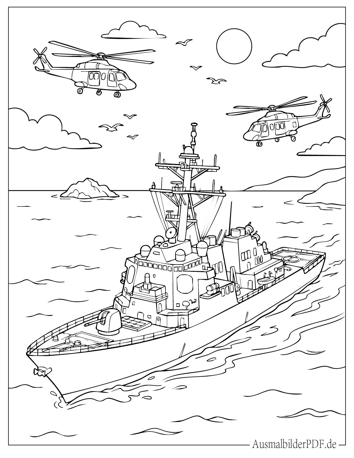 Militärisches Kriegsschiff segelt auf offener See mit Hubschraubern am Himmel Ausmalbild