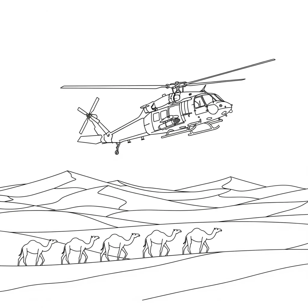 Hubschrauber Ausmalbilder (Gratis Malvorlage zum Ausdrucken) Ausmalbild eines Militärhubschraubers, der über einer Wüstenlandschaft fliegt, mit klaren Konturen, Rotoren in Bewegung und sichtbarem Cockpit