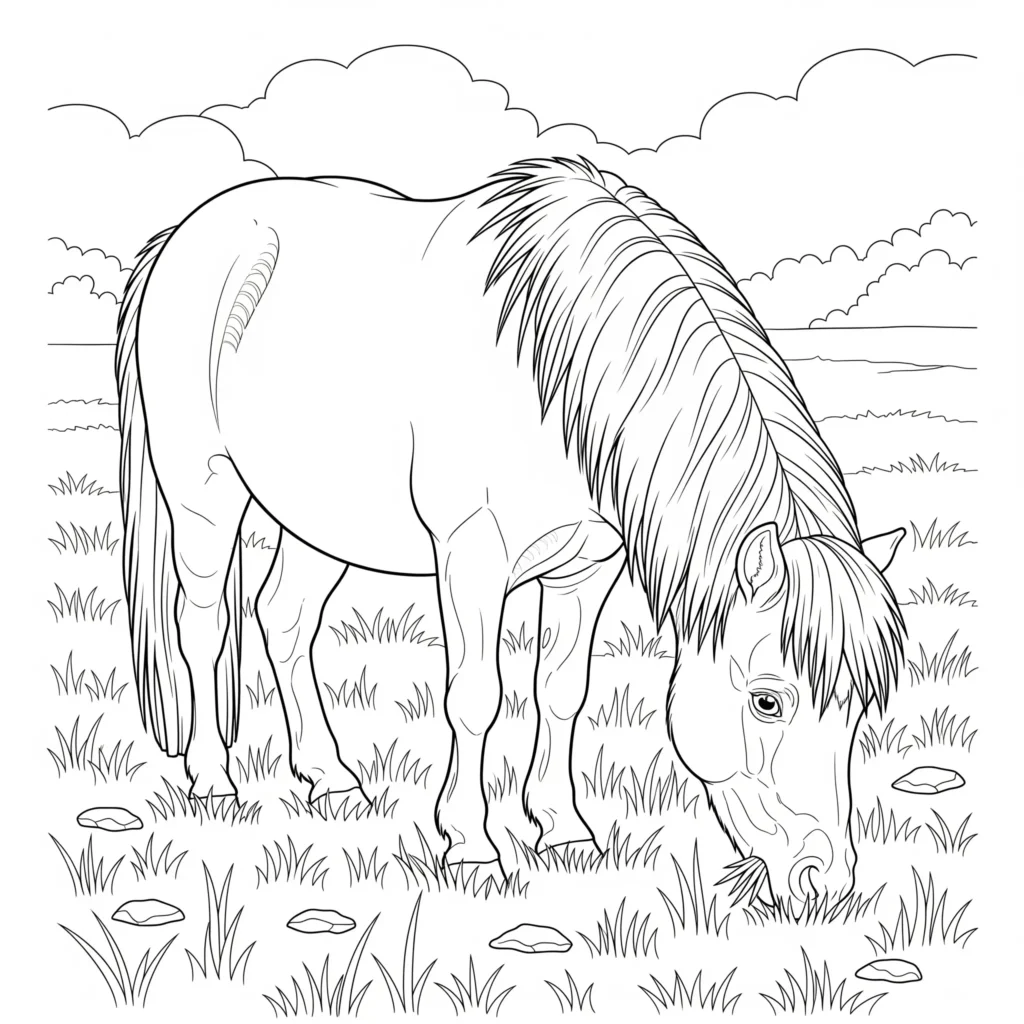 miniaturpferd steht auf einer wiese und frisst gras sanfte szene ideal als pferd ausmalbild für kinder und erwachsene