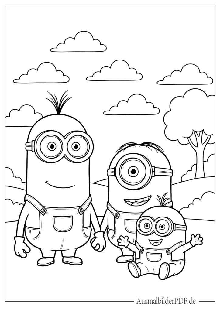 10+ Minion Ausmalbilder (Gratis Malvorlage PDF zum drucken) Malvorlage einer Minion Familie zusammen, ideal für Kinder zum Ausdrucken, Ausmalen und gemeinsamen Spaß haben