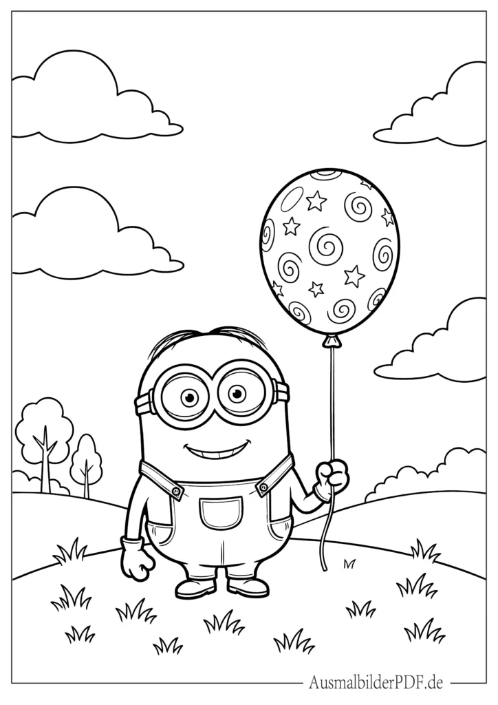 10+ Minion Ausmalbilder (Gratis Malvorlage PDF zum drucken) Malvorlage eines Minion, der einen Ballon hält, perfekt für Kinder zum Ausdrucken und Ausmalen