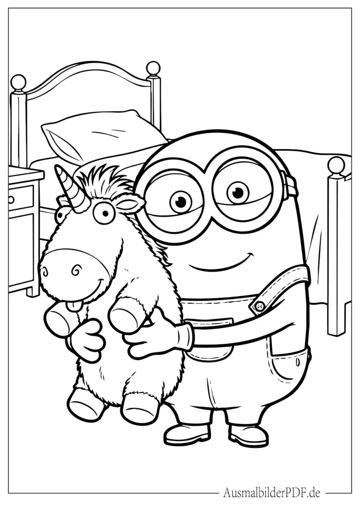 10+ Minion Ausmalbilder (Gratis Malvorlage PDF zum drucken) Minion mit Spielzeug-Einhorn Ausmalblatt für Kinder zum Ausdrucken und Ausmalen