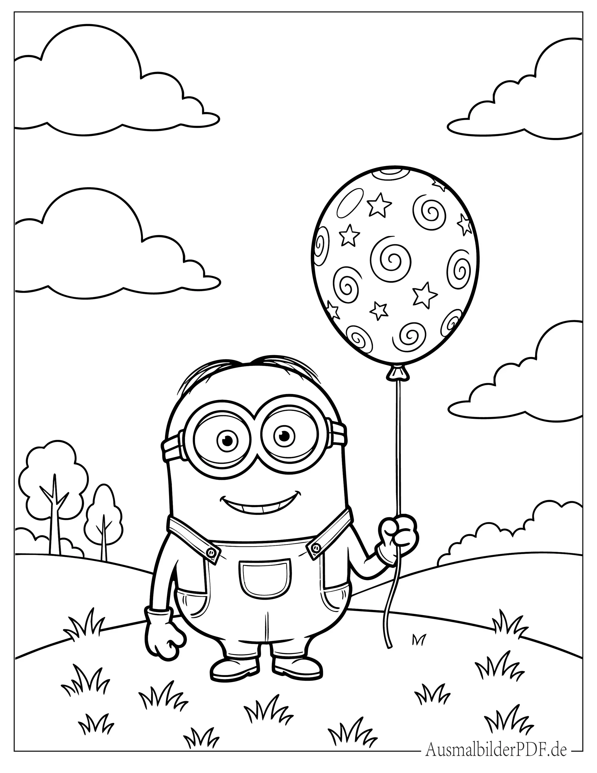 Niedlicher kleiner Minion hält Ballon Ausdruckbare Ausmalbild