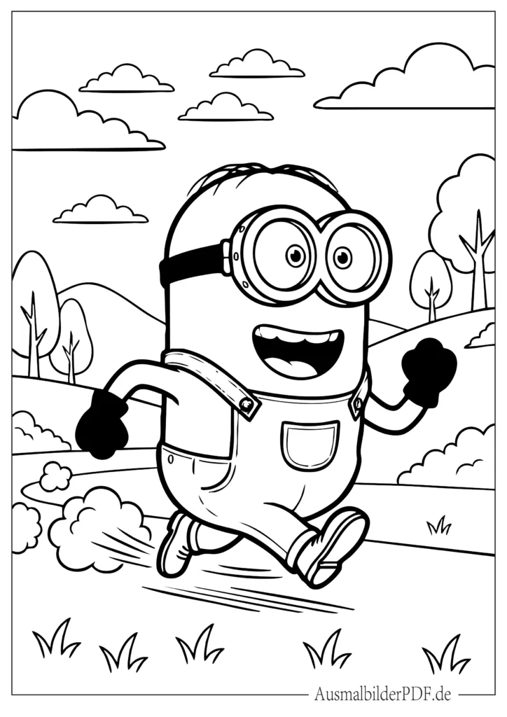 10+ Minion Ausmalbilder (Gratis Malvorlage PDF zum drucken) Vorlage eines rennenden Minions, voller Energie, ideal für Kinder zum Ausdrucken und Ausmalen