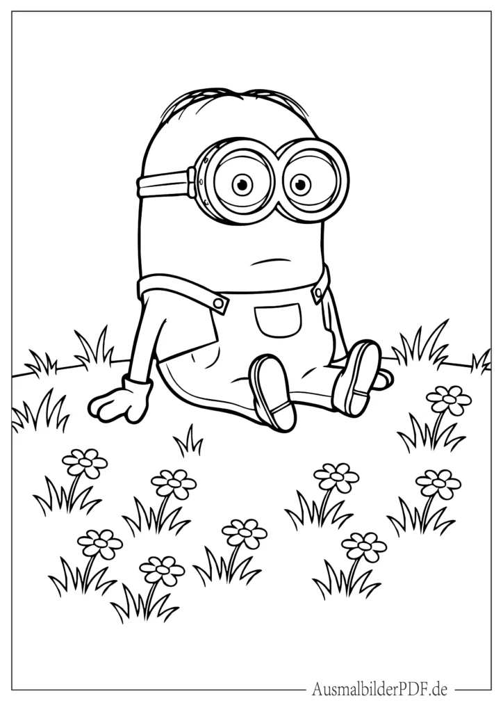 10+ Minion Ausmalbilder (Gratis Malvorlage PDF zum drucken) Druckvorlage eines sitzenden Minions mit nach vorne ausgestreckten Beinen, perfekt für Kinder zum Ausdrucken und Ausmalen