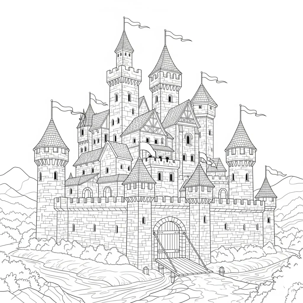 Schloss Ausmalbilder (Kostenlos Malvorlage zum Ausdrucken) Schloss malvorlage als pdf mit einem steinschloss aus dem mittelalter inklusive fahnen zum kostenlosen ausdrucken