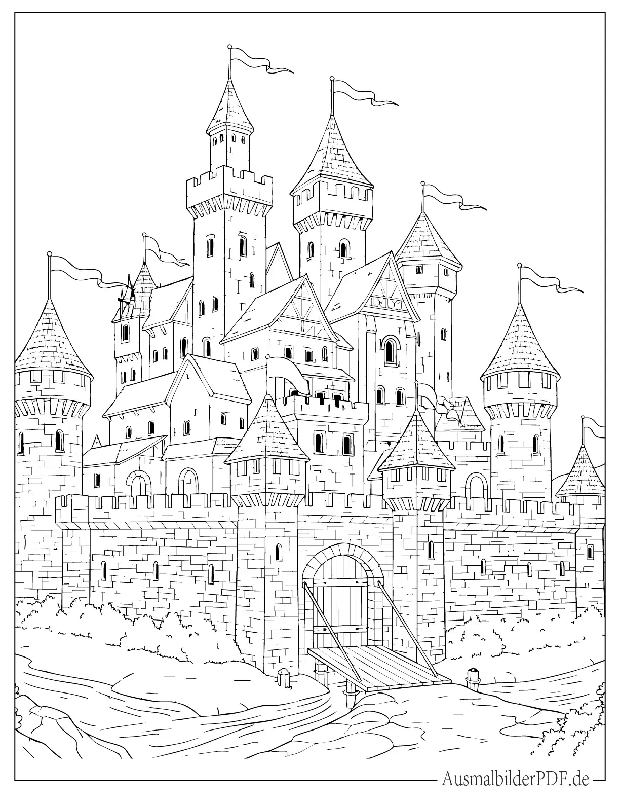 Detailliertes Mittelalterliches Schloss Ausmalvorlage