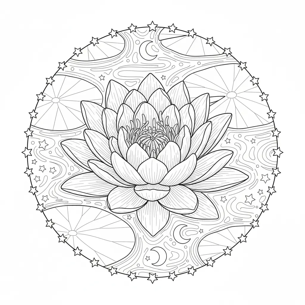 30+ Blumen Ausmalbilder (Gratis Malvorlage zum Ausdrucken) Ausmalbild einer wunderschönen Mitternachts-Seerose, die auf ruhigem Wasser schwimmt, ideal zum Entspannen und Malen