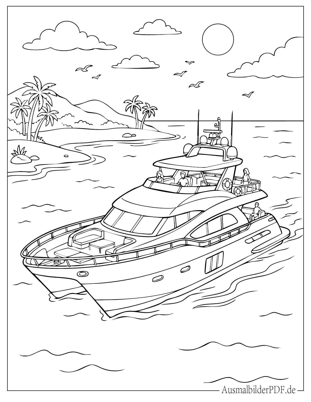 Moderne Yacht segelt in der Nähe einer tropischen Insel Ausmalbild