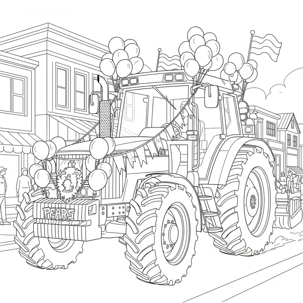 Ausmalbild eines modernen Traktors, der an einer Parade teilnimmt, perfekt zum Ausdrucken und Ausmalen für Kinder