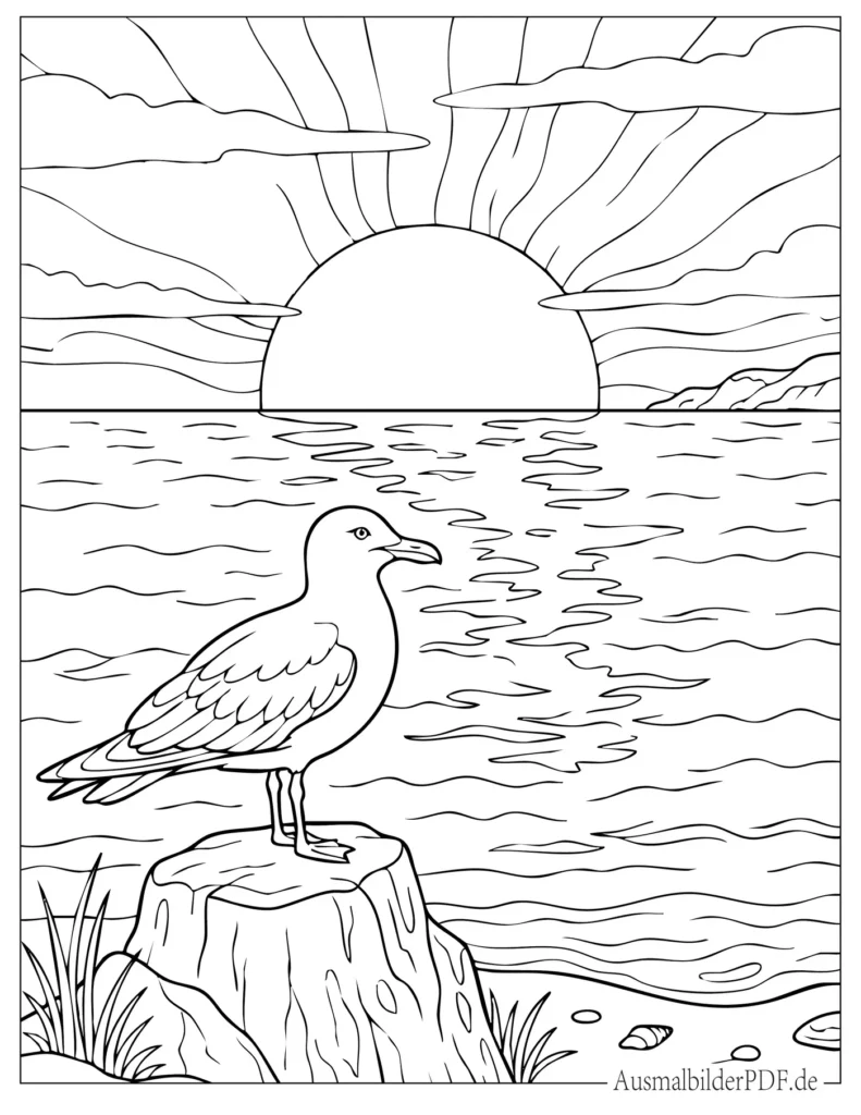 Möwe sitzt bei Sonnenuntergang auf einem Felsen am Meer Ausmalbild