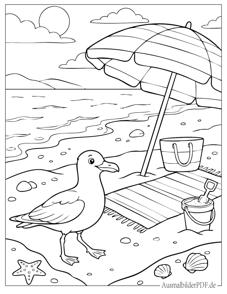 Möwe läuft neben einem Sonnenschirm am Strand Malvorlage