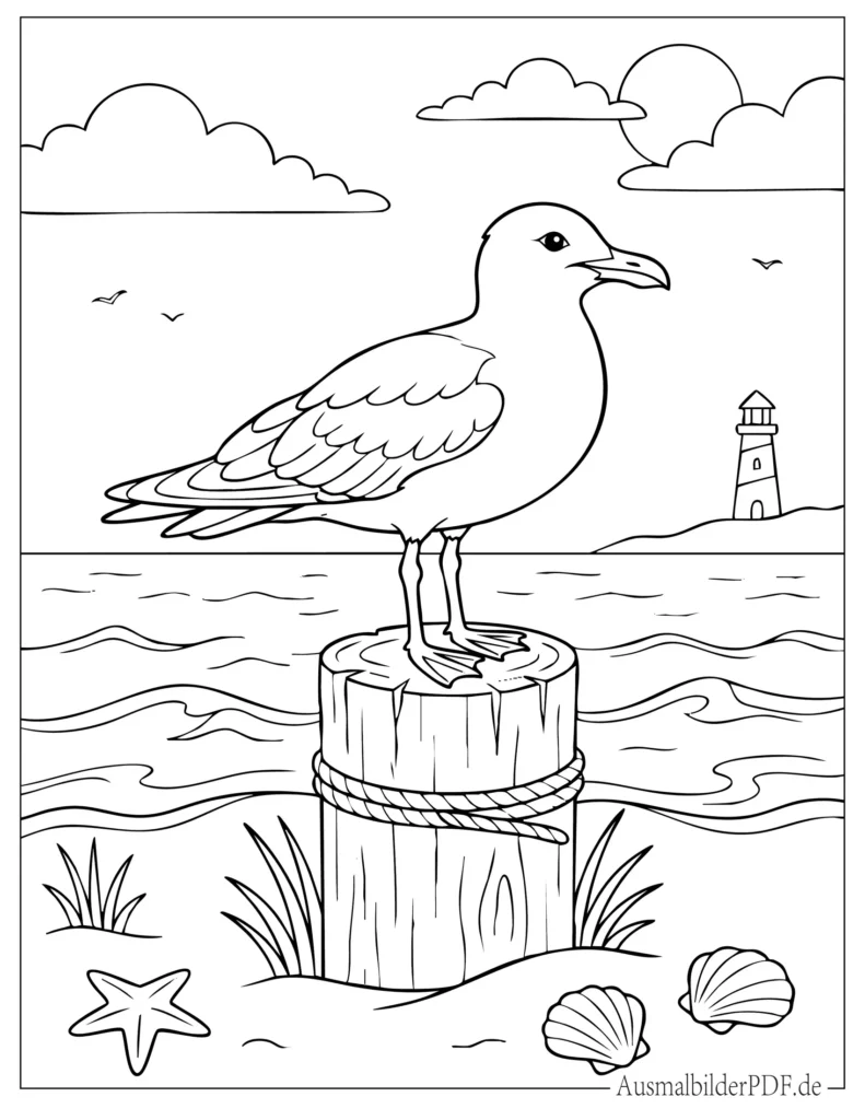 Möwe sitzt auf einem Holzpfosten Ausmalbild