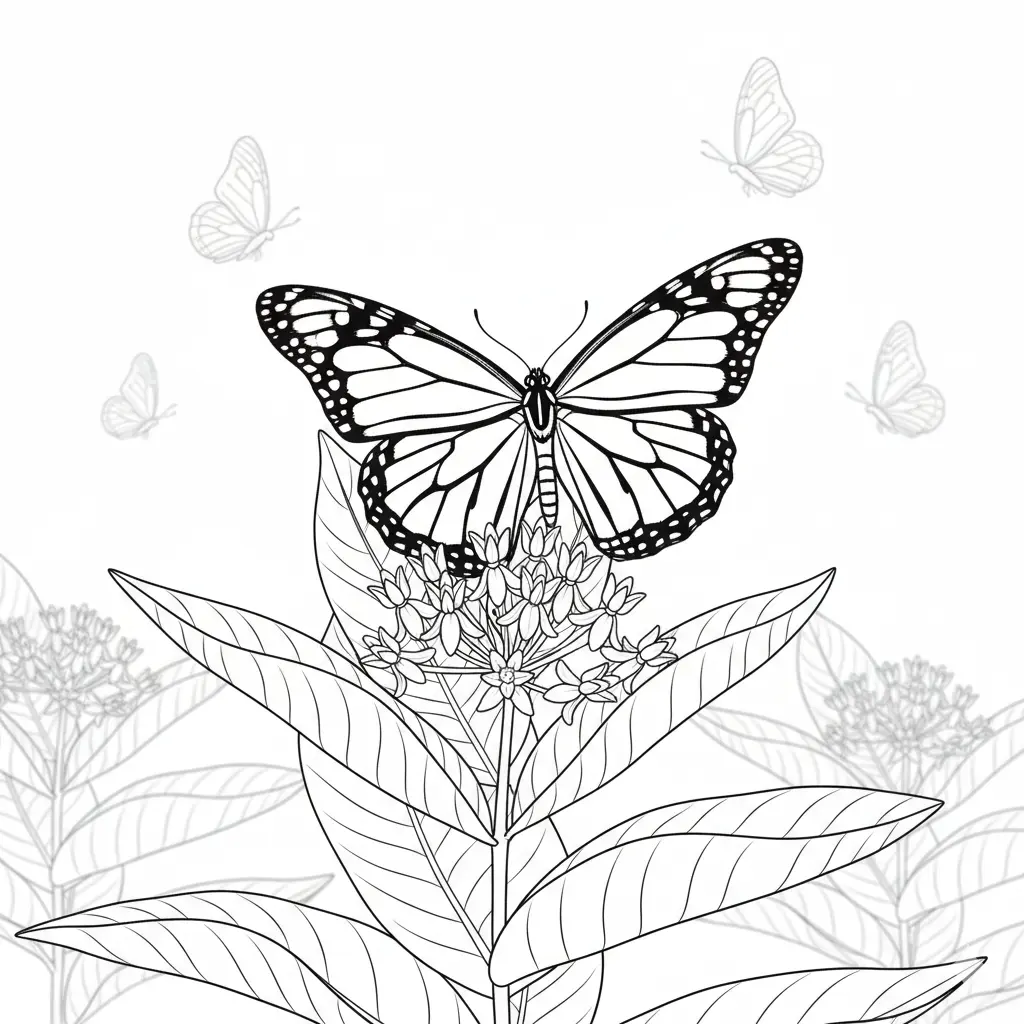 Ein eleganter Monarch-Schmetterling mit ausgebreiteten Flügeln zeigt seine markanten Muster und wartet darauf, farbenfroh ausgemalt zu werden.