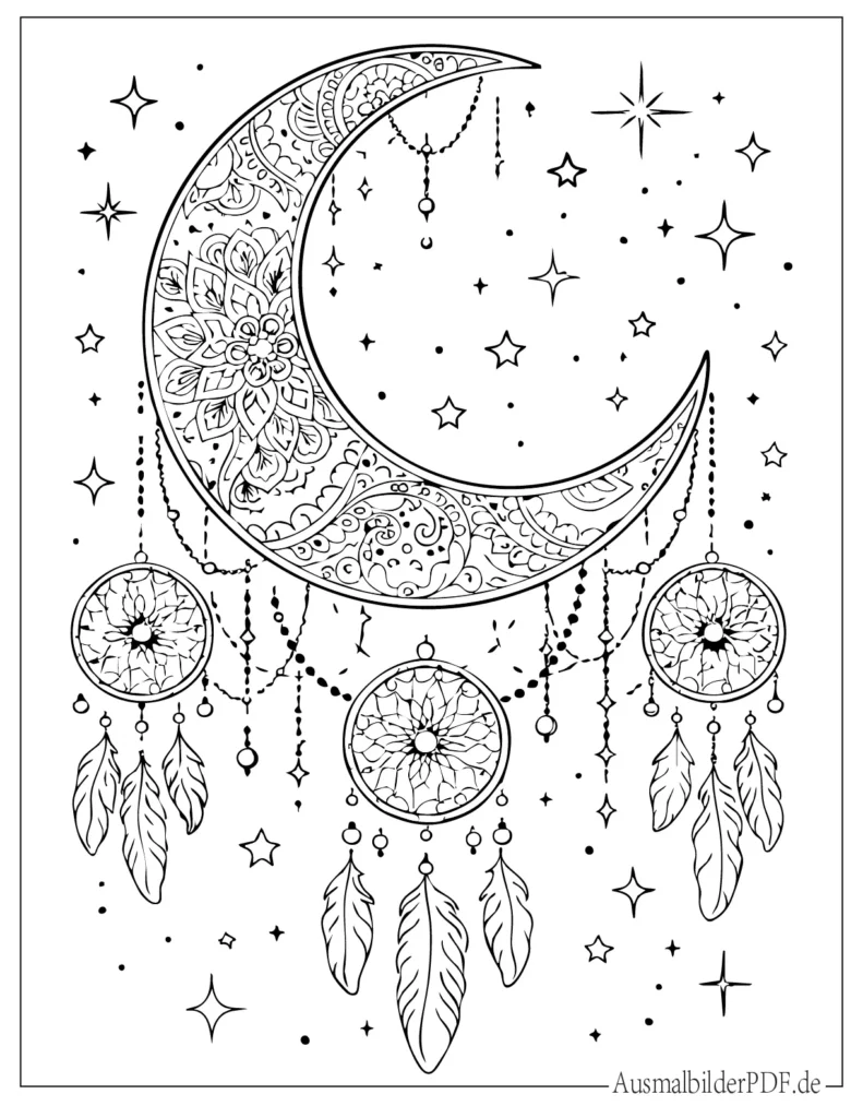 Detailliertes Mond Mandala Ausmalbild, entspannende Malvorlage für Erwachsene zum Ausdrucken und Ausmalen