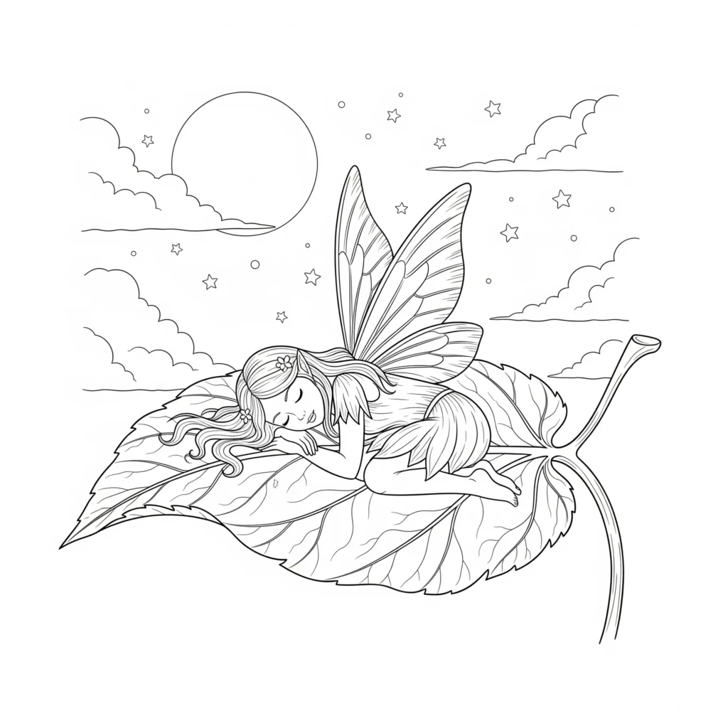 16 Feen Ausmalbilder (Kostenlos Malvorlage zum Ausdrucken) Das Mondlicht Fee auf Blatt Ausmalbild zeigt eine friedliche Nachtszene. Eine zauberhafte Vorlage zum Ausdrucken und kreativen Gestalten.