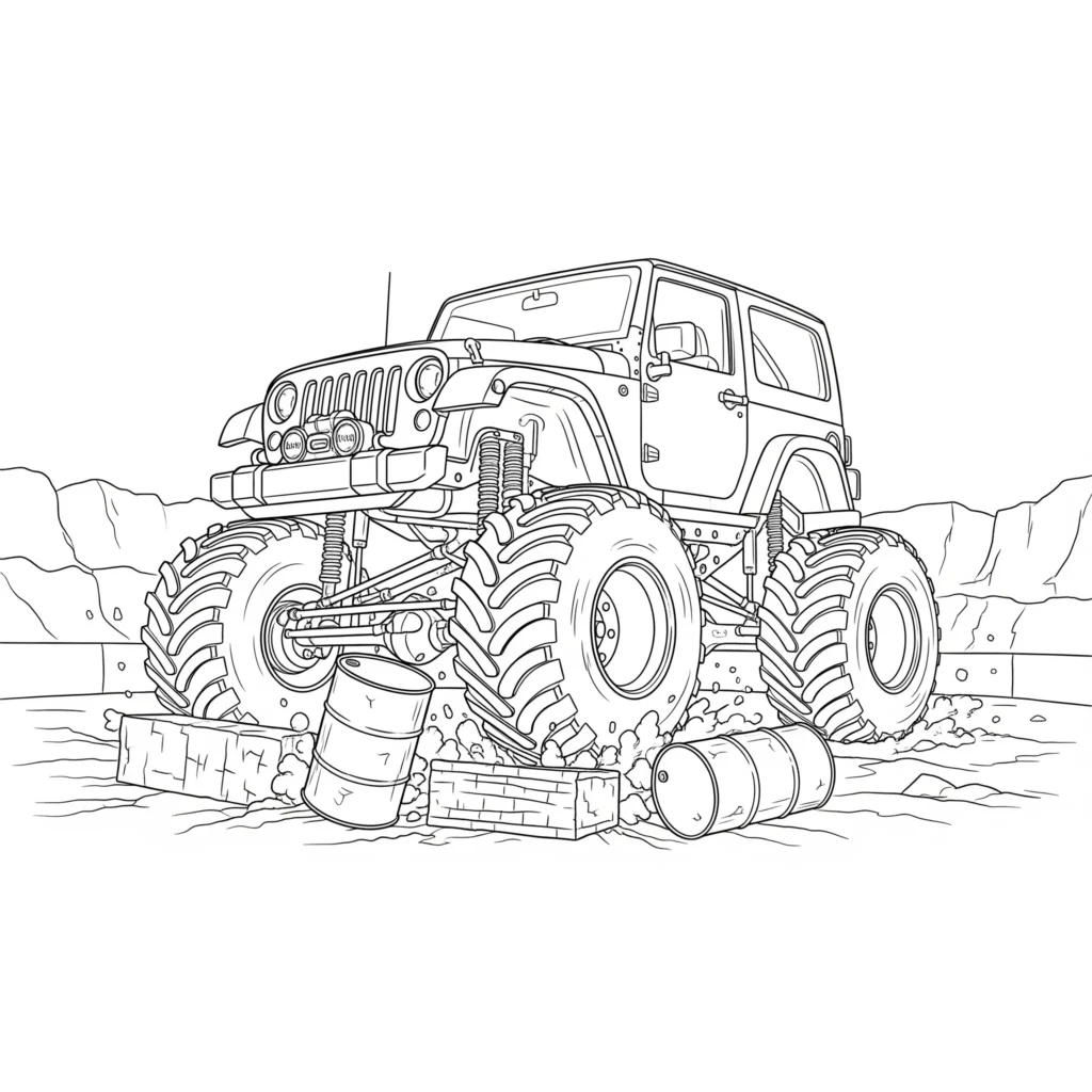 Jeep Ausmalbilder (Kostenlos Malvorlage zum Ausdrucken) Monster Jeep Ausmalbild zeigt einen Jeep mit riesigen Reifen, zum Ausdrucken für Kinder, ideal für kreatives Ausmalen und Spaß