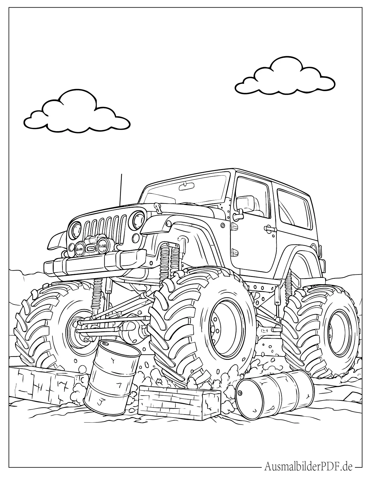 Monster Jeep mit riesigen Reifen Ausdruckbare Malvorlage
