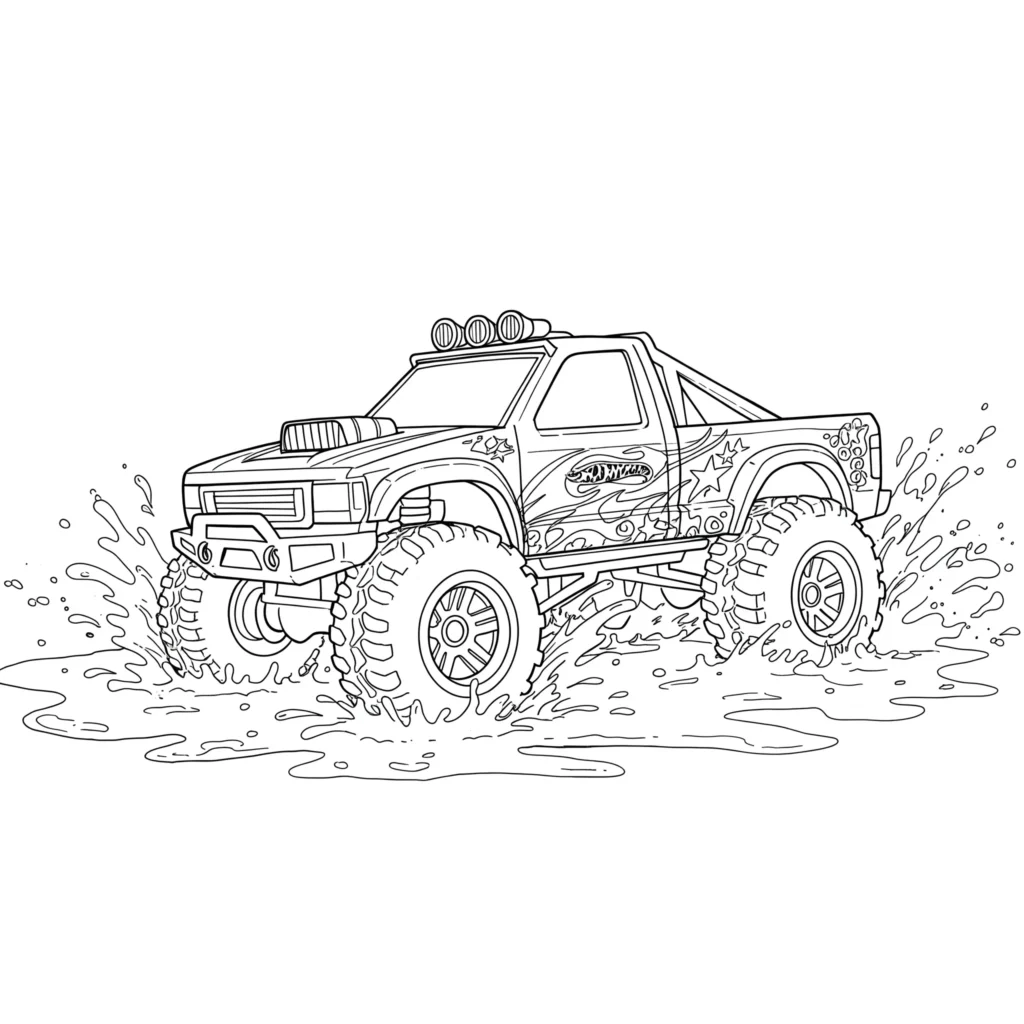 Hot Wheels Offroad Truck Ausmalbild fährt durch Schlamm und Wasser