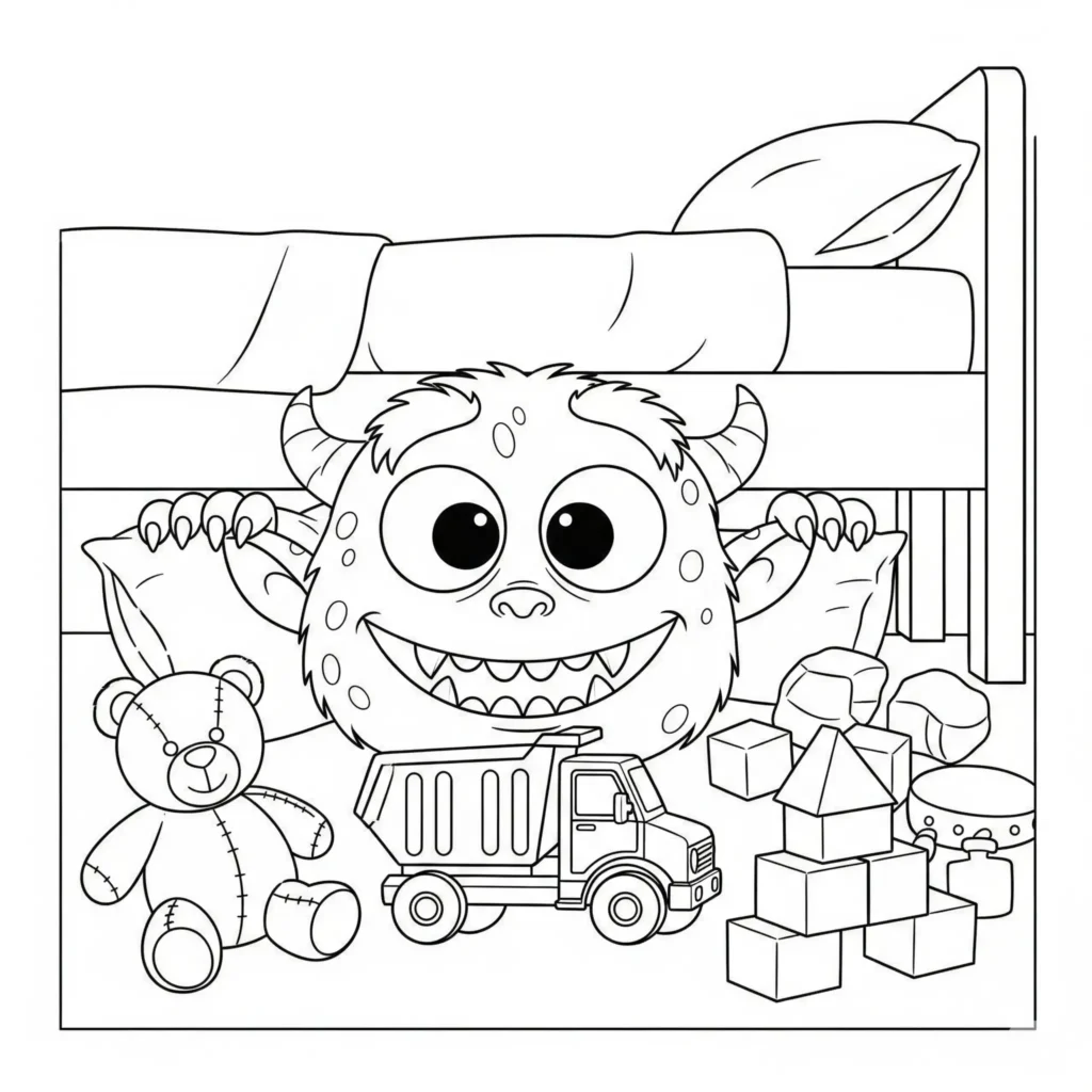 Ausmalbild von einem Monster unter dem Bett für Kinder kostenlos zum Ausdrucken und Ausmalen