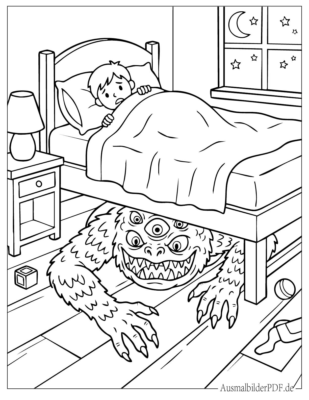 Monster unter dem Bett Horror Malvorlage zum Ausdrucken